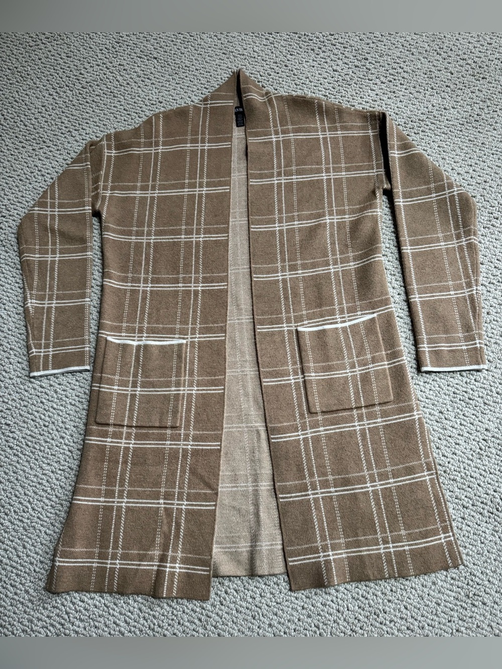 Ellen Tracy Brown Plaid Open-Front Long Coatigan SZM